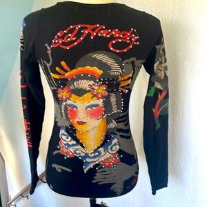 Ed Hardy Black Multicolor Graphic Cardigan